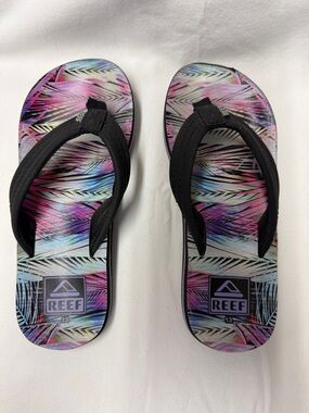 Reef Girls Flip Flops — Black Straps with Pink & Blue Palm Pattern